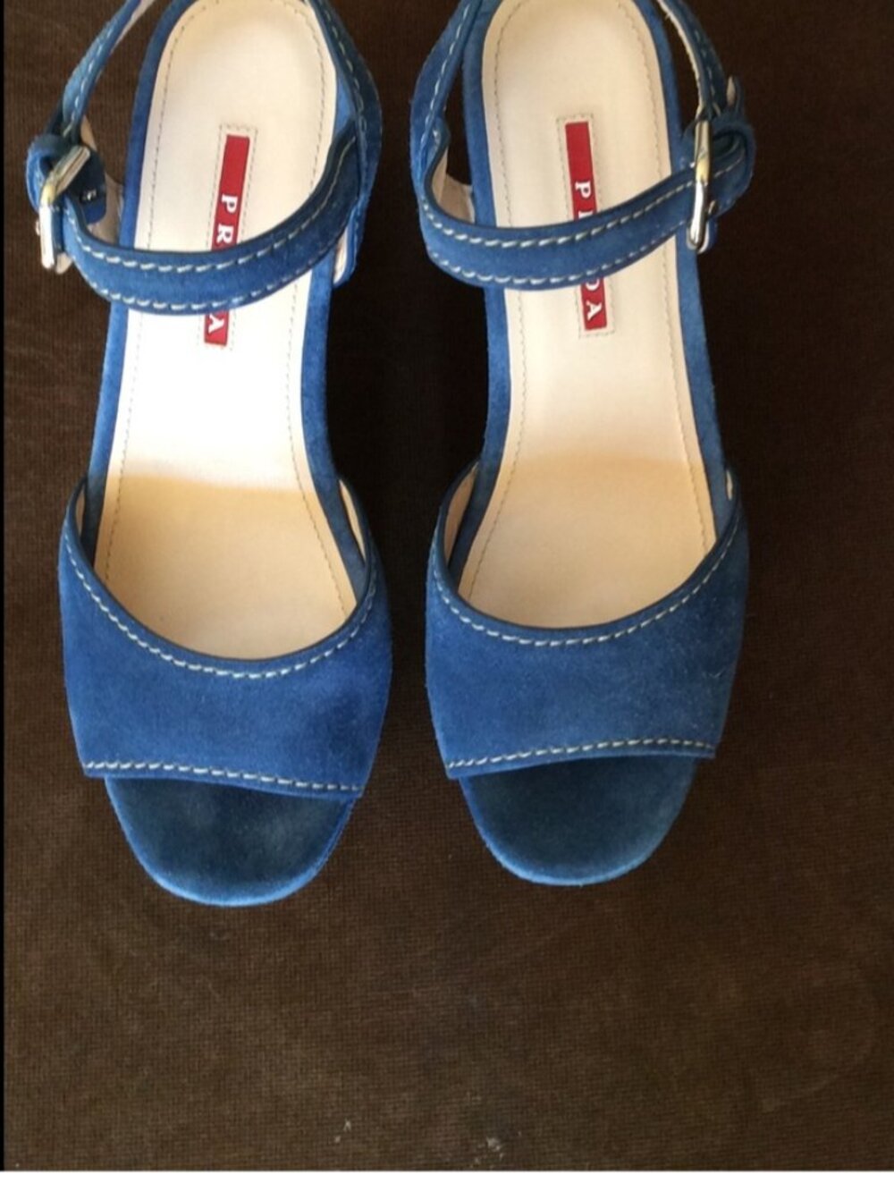Prada Premium Cobalt Blue Suede Peep Toe Ankle Strap Trim Platform Wedge Sandal